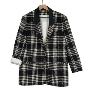 VTG DAVID ELIOT Wool Blazer Women's Sz M Black White Plaid Pockets USA‎ Made EUC